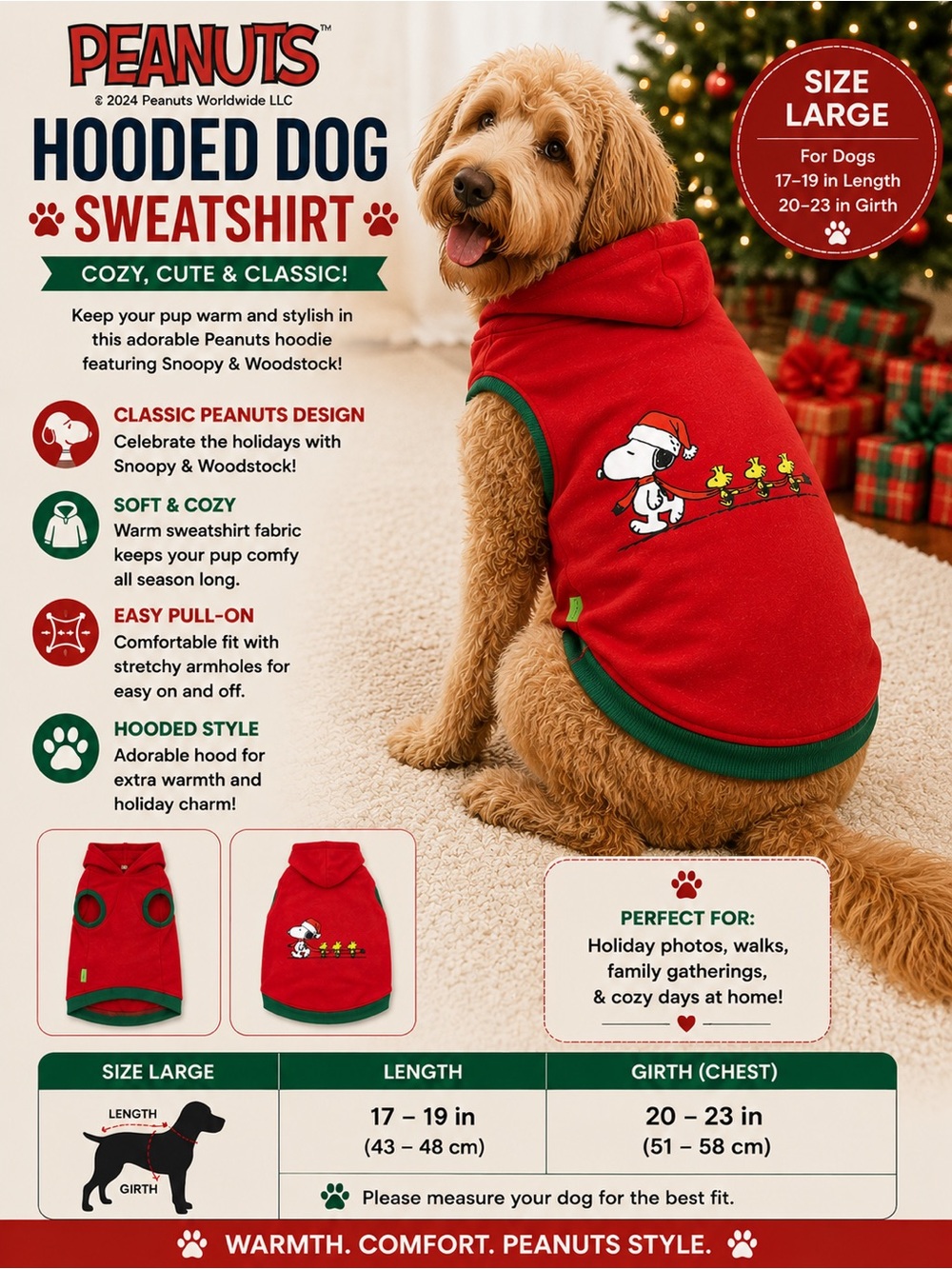 Peanuts Red Pet Hoodie with Green Trim